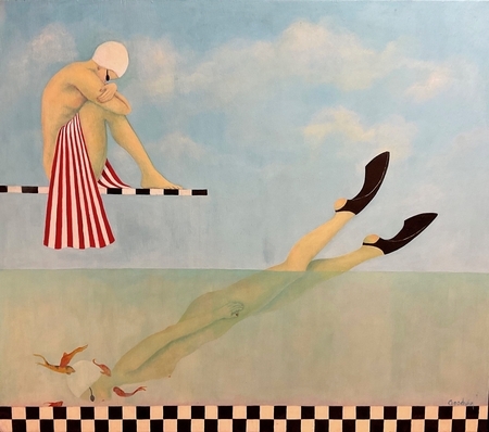 Diving for Gold    30x31    Oil on wood panel