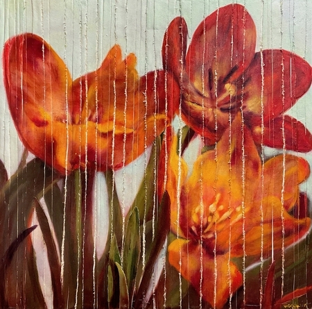 Tulipa    30x30   Ripped canvas oil on wood panel.